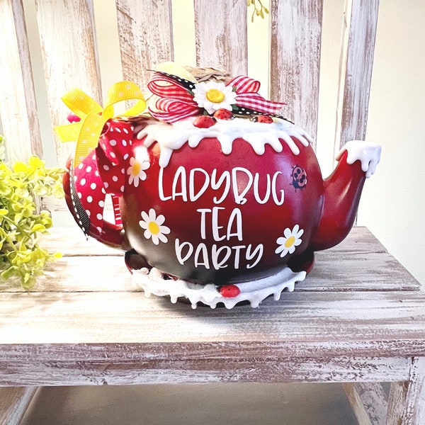 Sale!!  Black and RED Ladybug TEAPOT with Straw Hat* Ladybug Tray Decor. *Misted Black/Red Version!!