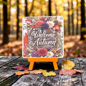 Mini letrero y caballete de otoño de 10x10 cm / Decoración de bandeja de bienvenida de otoño / Arte de escritorio de otoño