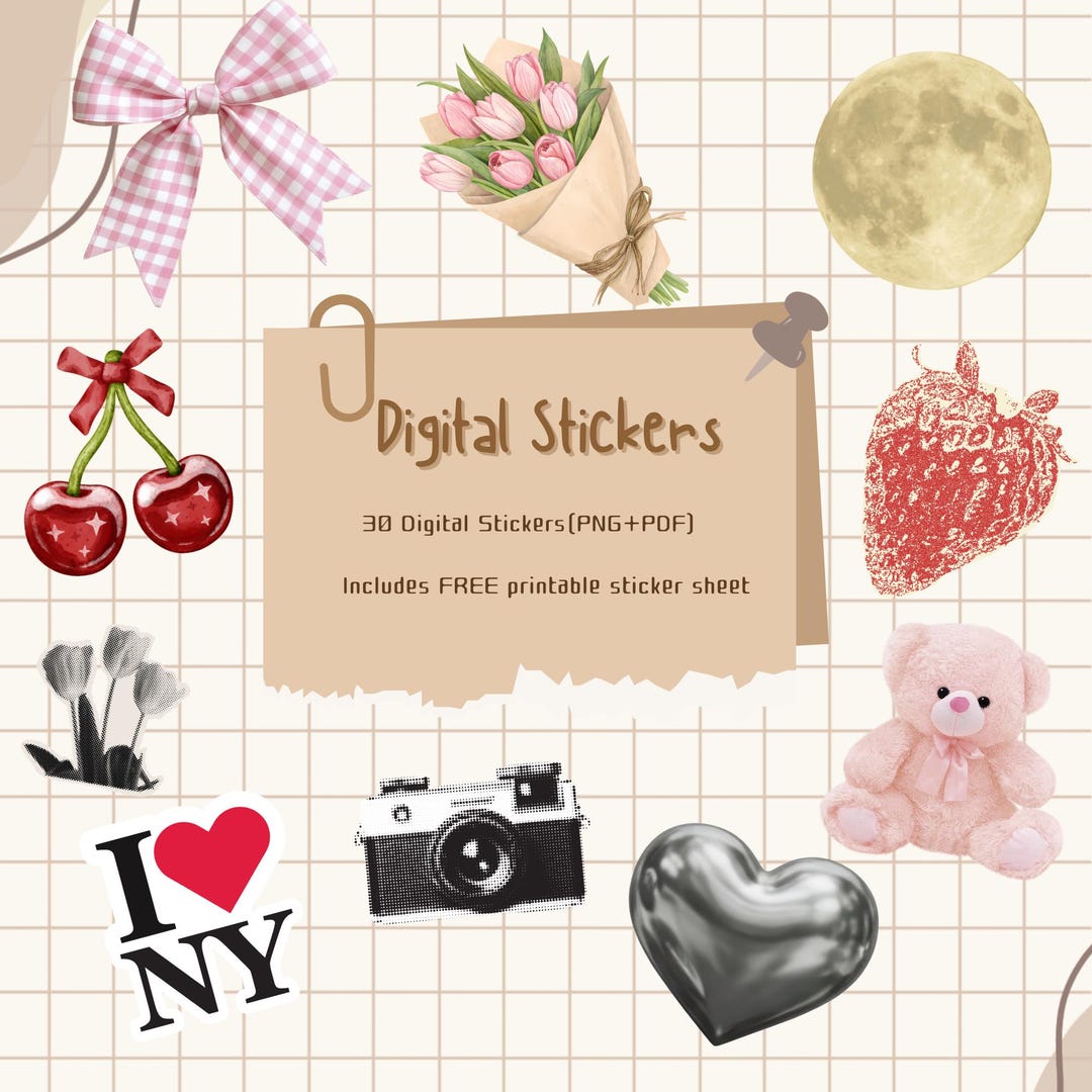 Aesthetic Digital Stickers | 30 PNG Stickers + Free Printable Sticker ...