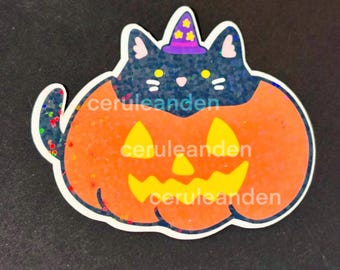 Halloween Pumpkin Kitty Sticker || Waterproof and Holographic Vinyl