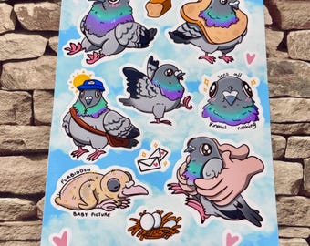 May include: A sticker sheet titled BEST PIGEONS featuring various cartoon pigeon illustrations, including a pigeon wearing a bread slice, a mail carrier pigeon, a pigeon in hands, a nest with eggs, and a baby pigeon labelled FORBIDDEN BABY PICTURE.