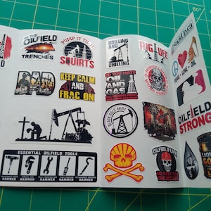 May include: A collection of stickers with oilfield-themed designs. The stickers display images of oil rigs, tools, and phrases such as "Drilling and Chilling," "Oilfield Life," and "Essential Oilfield Tools."