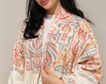 Crèmebeige lange kimono geborduurd linnen