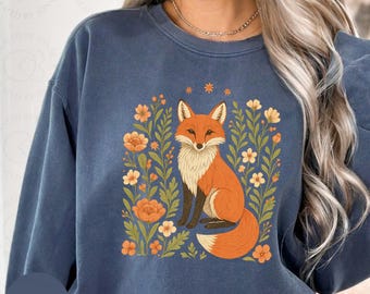 Moletom aconchegante com raposa e flores silvestres: Pulôver boho de outono