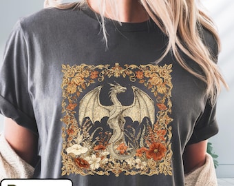 Mystical Dragon Shirt, Gothic Witchy Fall Floral Tee, Vintage Fantasy Graphic T-Shirt, Autumn Aesthetic Dragon Top, Witchcore Comfort Tee