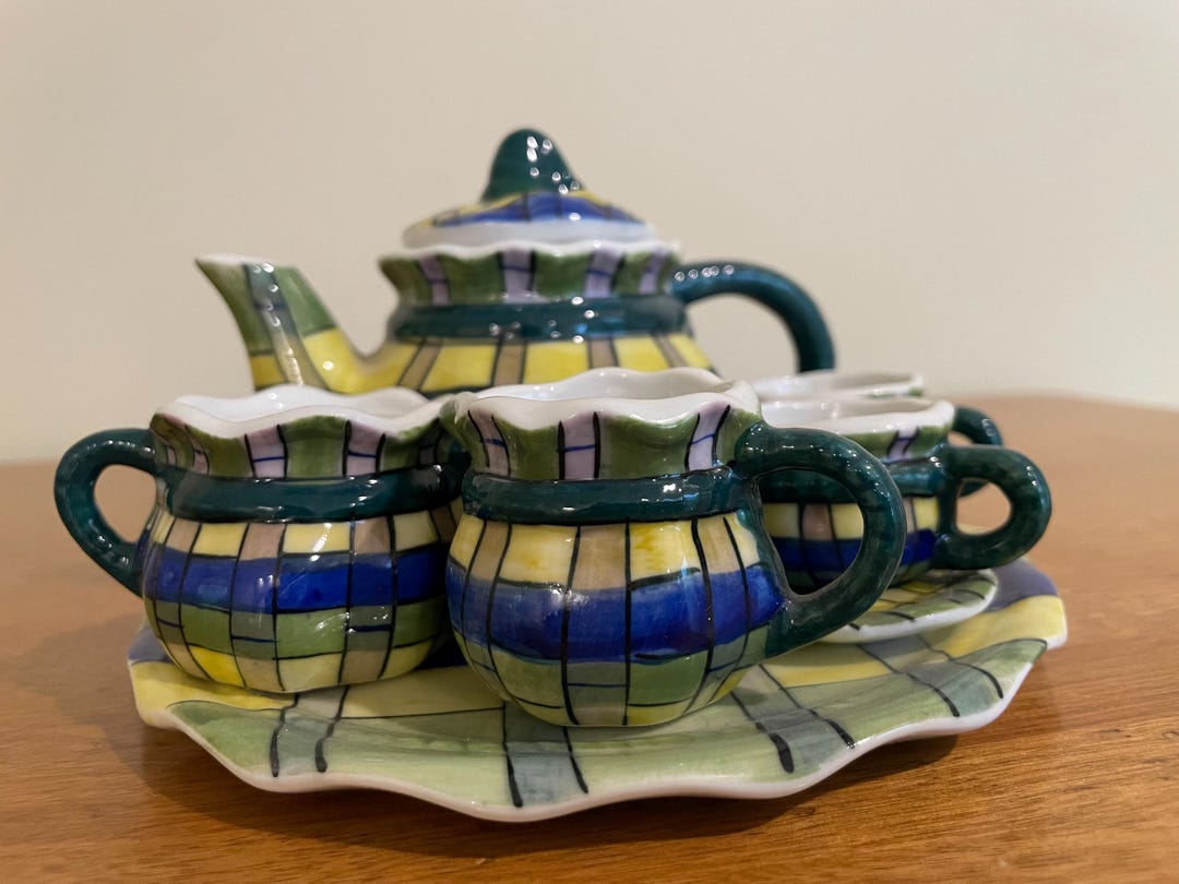 Miniature Ceramic Tea Set, PLAID Vintage Hand-painted - Colorful Tartan ...