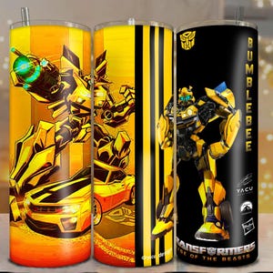 May include: Three stainless steel tumblers featuring Bumblebee from Transformers. The first tumbler has a yellow and orange design with a robot and car. The second tumbler has a yellow and black design with a robot. The third tumbler has a black and yellow design with the word "Bumblebee".