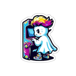Retro Ghost Die-Cut Stickers, 80s Style Arcade Game Sticker, Illustrated Spooky Decal, Fun Halloween Laptop Decal, Cute Vinyl Ghost Sticker