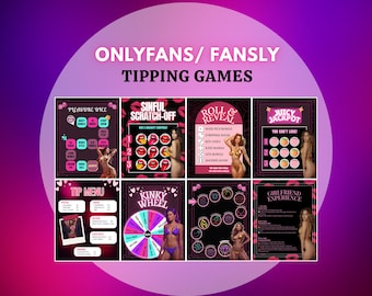 May include: Image featuring various OnlyFans/Fansly tipping games. The games include "Pleasure Dice", "Sinful Scratch-Off", "Roll & Reveal", "Juicy Jackpot", "Tip Menu", "Kinky Wheel", and "Girlfriend Experience". Each game has a unique design and theme.