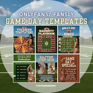 Puede incluir: Imagen promocional para OnlyFans/Fansly, con "Game Day Templates". La imagen muestra seis paneles con gráficos y texto temáticos de fútbol, incluyendo "Touchdown Temptations", "Naughty Playbook" y "Balls Out Bingo".