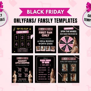 May include: A Black Friday promotional graphic for OnlyFans and Fansly templates. The design includes various offers, such as a mega bundle, a tip menu, and a video sale, all presented with a pink and black colour scheme.