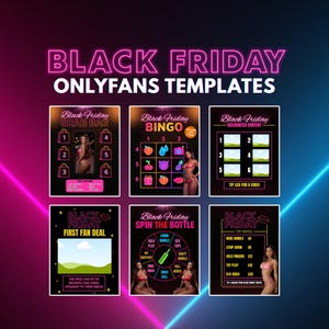 Könnte beinhalten: Werbegrafik mit dem Text "BLACK FRIDAY ONLYFANS TEMPLATES" in Neonrosa. Die Grafik zeigt sechs verschiedene Vorlagen mit verschiedenen Themen, darunter eine Überraschungstüte, Bingo und ein Flaschendrehspiel.