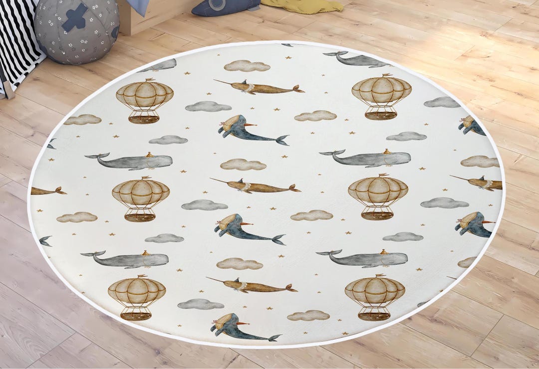 Hot Air Balloon and Whale Nursery Rugs, Cloud Kids Rug, Baby Shower ...