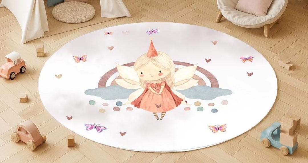 Fairy Rug Round Fairy Girl Nursery Rug, Washable Kids Play Carpet, Rainbow Design Baby ...