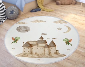 Dragon Nursery Rug, Baby Dino Carpet, Custom Name Nursery Mat, Baby Boys Room Decor, Castle Dragon Kids Rugs, Non Slip Activity Rug