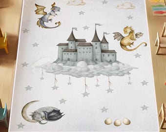 Little Dragon Nursery Rug Baby Dino Carpet, Baby Boys Room Decor, Playroom Mat, Castle Kids Rug