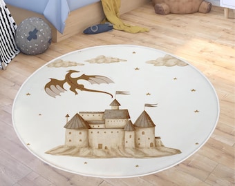 Dragon Nursery Rugs, Non Slip Activity Rug, Washable Kids Rug, Kids Playroom Rug, Play Mat, Castle Children Area Rug