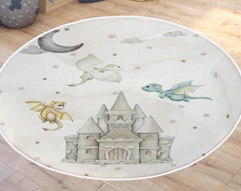 Dragon Nursery Rug, Baby Boys Room Decor, Castle Dragon Kids Rugs, Non Slip Activity Rug