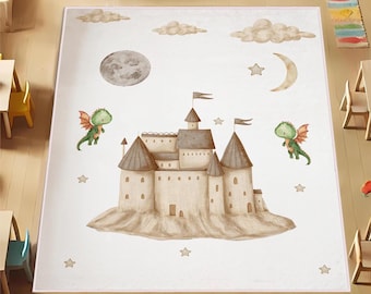 Dragon Castle Moon Rug for Kids Room, Dragon  Play Mat,Nursery Rugs, Castle Baby Carpet