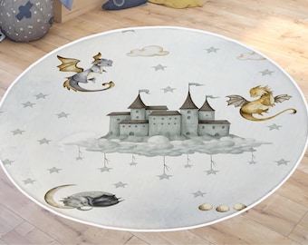Dragon Castle Moon Nursery Rugs, Dragon  Play Mat, Castle Baby Carpet, Kids Room Decor