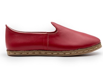 Zapatos de piel roja hechos a mano / Bailarinas turcas sin cordones / Mocasines auténticos / Zapatos casuales artesanales para mujer