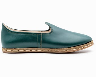 Handmade Green Leather Shoes | Minimalist Slip-On Loafers | Comfortable Everyday Shoes