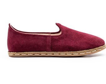 Zapatos de ante hechos a mano / Bailarinas turcas yemeníes sin cordones / Mocasines artesanales rojo merlot / Zapatos cómodos