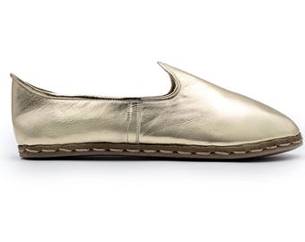 Handmade Gold Leather Slip On Shoes | Comfortable Women’s Flats | Minimalist Natural Design