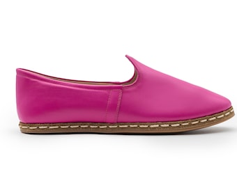 Handmade Pink Leather Shoes | Turkish Slip-On Flats | Artisan Loafers | Genuine Unisex Shoes