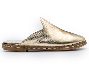 Gold Leather Mules | Handmade Women’s Slip-On Flats | Metallic Slides | Comfortable Gold Shoes