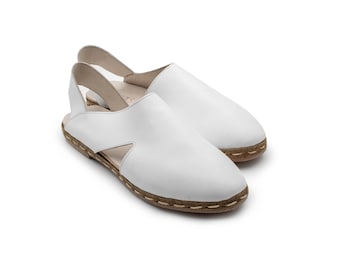 Handmade White Leather Slingback Sandals: Minimalist Summer Flats