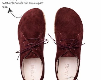 Damskie skórzane buty Barefoot – ręcznie robione, minimalistyczne buty z zerowym spadkiem i amortyzowaną wkładką – Merlot