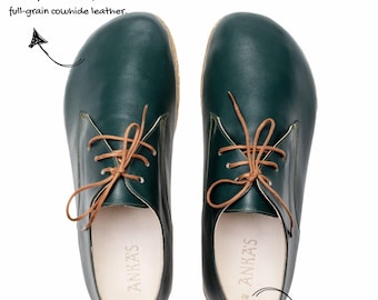 Damskie skórzane buty Barefoot – ręcznie robione, minimalistyczne buty z zerowym spadkiem i amortyzowaną wkładką – Kyoto Green