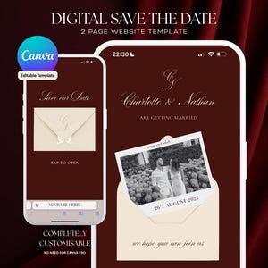 May include: Digital Save the Date website template shown on two smartphones. The design includes an envelope with a photo and the text "Charlotte & Nathan are getting married". The Canva logo is visible, indicating an editable template.