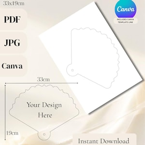 Può includere: Un modello di ventaglio ornato bianco con il testo "Your Design Here" e dimensioni di 33 x 19 cm. L'immagine include il testo "ORNATE FAN TEMPLATE", "PDF", "JPG" e "Canva". Il modello è disponibile per il download immediato.
