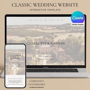 May include: A laptop and smartphone showcase a wedding website template. The design includes the names "Charlotte & Nathan" and the date "27th August 2027". The website features a scenic background and the text "Classic Wedding Website". The Canva logo is visible.