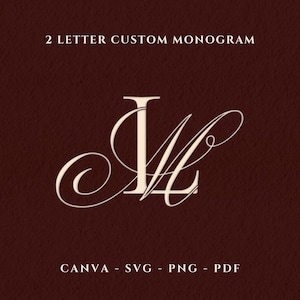 以下が含まれることがあります： テクスチャ加工された濃いバーガンディ色の背景に、クリーム色の2文字のカスタムモノグラムデザイン。上部に「2 LETTER CUSTOM MONOGRAM」、下部に「CANVA - SVG - PNG - PDF」と書かれており、ファイル形式を示しています。