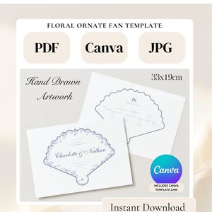 Peut inclure: Modèle de ventilateur orné floral avec le texte "Floral Ornate Fan Template", "PDF", "Canva" et "JPG". L'image montre un motif de ventilateur dessiné à la main avec le texte "Charlotte & Nathan". Le modèle mesure 33x19cm.