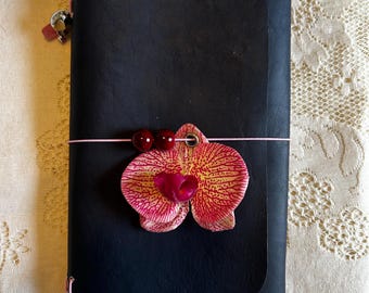 Midnight Blue Leather Trifold Journal – A5/B5, Orchid Charm, Bible Journaling, Louise Carmen Inspired
