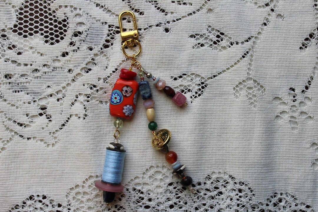 Mini Thread Spool Keychain: Beaded Sewing Charm With Vintage Buttons - Etsy