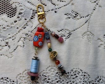 Mini Thread Spool Keychain: Beaded Sewing Charm with Vintage Buttons