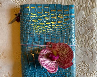 Croc Fleur— Teal + Gold Croc Embossed Leather A5 B5 trifold journal, Louise Carmen Inspired, Traveler’s Notebook, Bible Journaling