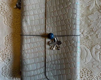 Shimmer Silver— Gray Croc Iridescent Embossed Leather A5 trifold journal, Louise Carmen Inspired, Traveler’s Notebook, Bible Journaling
