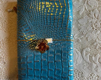 Gold Dipped— Aqua + Gold Croc Embossed Leather A5 trifold journal, Louise Carmen Inspired, Traveler’s Notebook, Bible Journaling