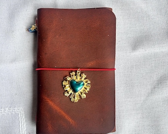 Teal Heart— Brown Leather Pocketbook trifold leather journal, Passport holder, Louise Carmen Inspired Traveler’s Notebook