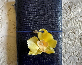 Croc in Bloom— Blue Croc Embossed Leather A5 trifold journal, Louise Carmen Inspired, Traveler’s Notebook, Bible Journaling