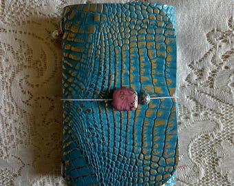 Teal Nature— Blue Gold Croc Embossed Pocketbook trifold leather journal, Passport holder, Louise Carmen Inspired Traveler’s Notebook