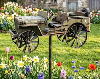 Retro US Army Militär jeep Windspiel | Rustikale Bauernhaus Yard Art | Terrasse Rasen Dekor | Einzigartiges Geschenk für schamanen und Liebhaber des Militärs