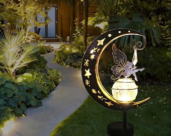 Handgefertigter Metallmondfee-Solargartenpfahl, wunderlicher Crackle-Glaskugel-Pfadlicht, magischer Gartendekor im Freien, einzigartiges Geschenk für sie
