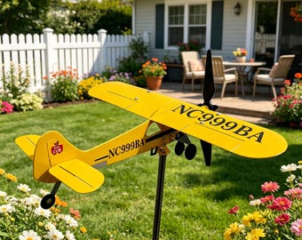 Vintage Piper Cub Flugzeug-Wetterfahne mit Windrad, wetterbeständige Rasenverzierung, Geschenk für Pilotenluftfahrt-Enthusiasten